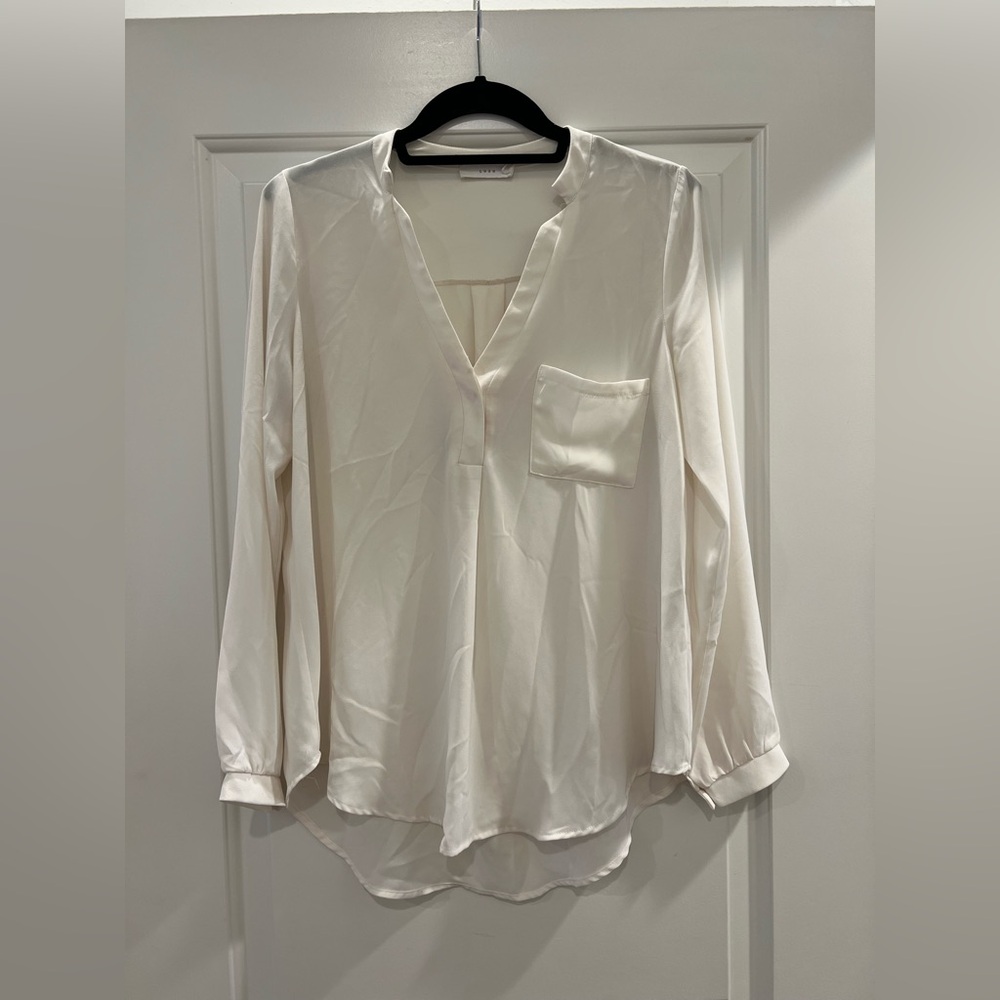 Lush White Long Sleeve Mandarin Collar Blouse